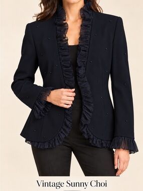 Sunny Choi Women's Navy Ruffle Trim Blazer good for 2/4